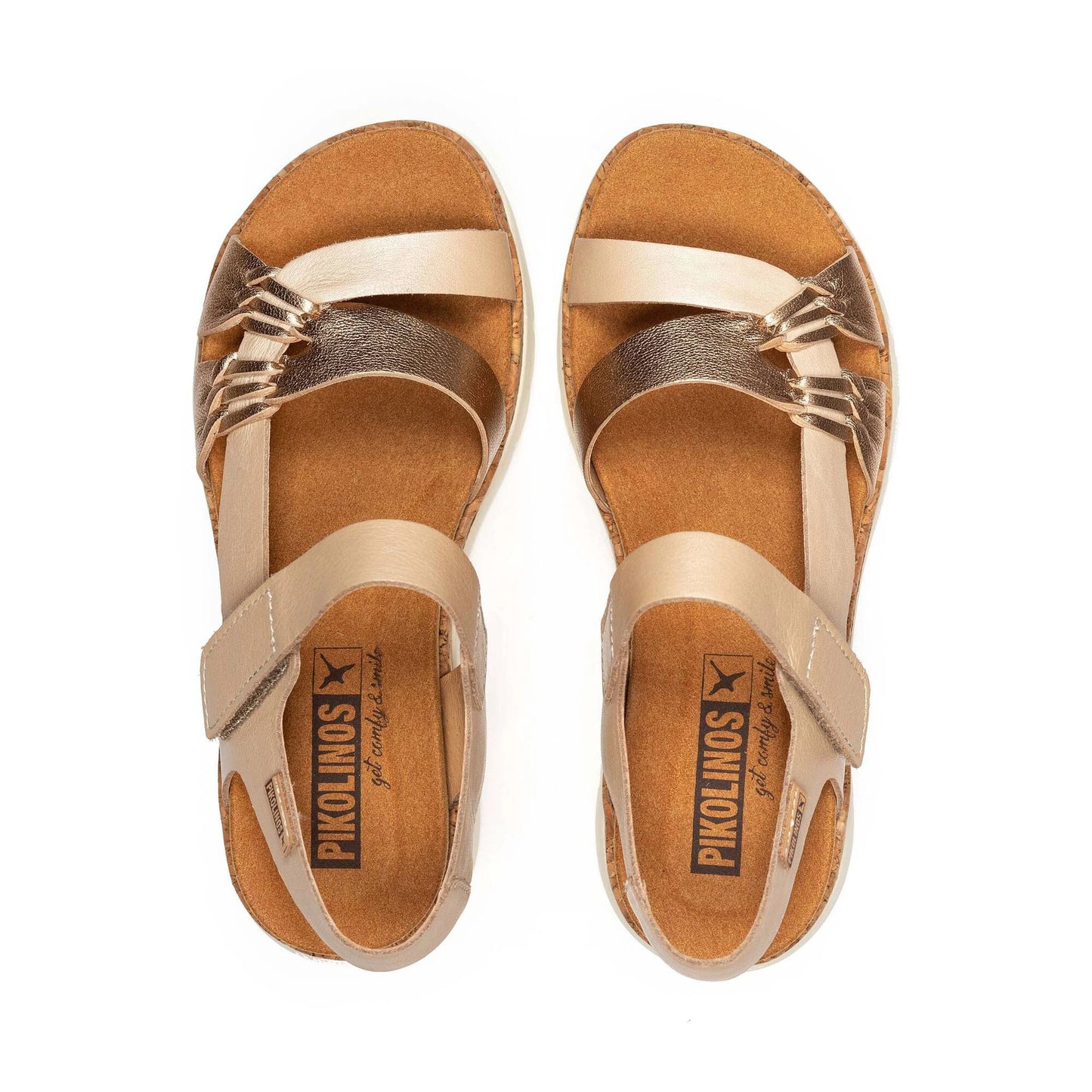 PIKOLINOS PALMA W4N-0968 CREAM & GOLD LEATHER WEDGE SANDALS