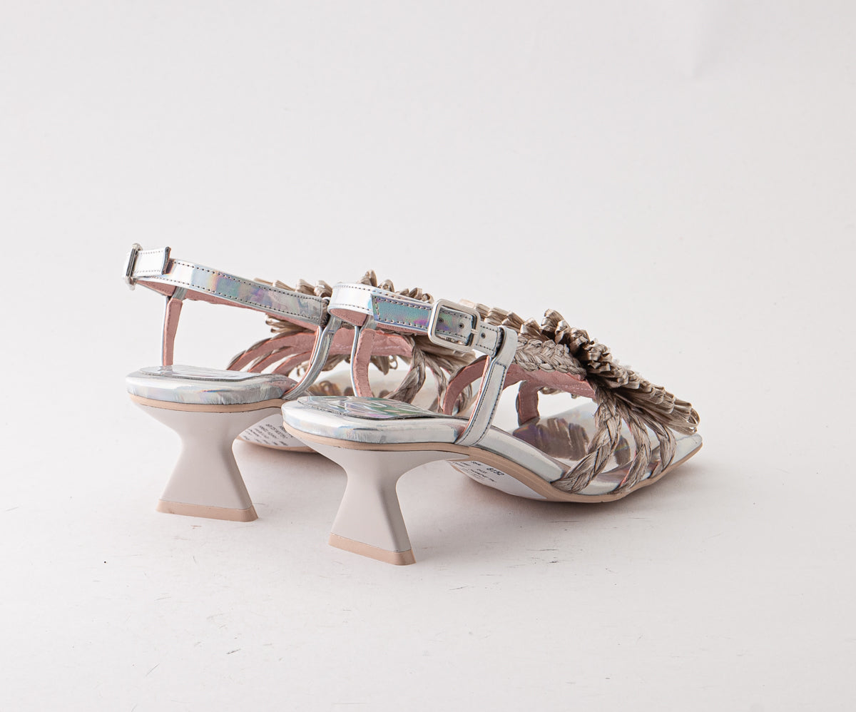 RAS SHOES SAMPLE - JASMINE 8152 SILVER & CREAM RAFIA SANDAL