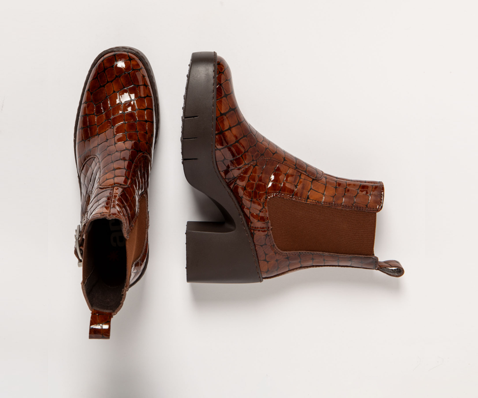 SOFIA 1658 TAN PATENT CROC PRINT LEATHER ANKLE BOOT