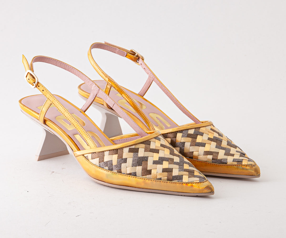 RAS SHOES SAMPLE - TULIP 8037 YELLOW AND TAN RAFIA SLINGBACK