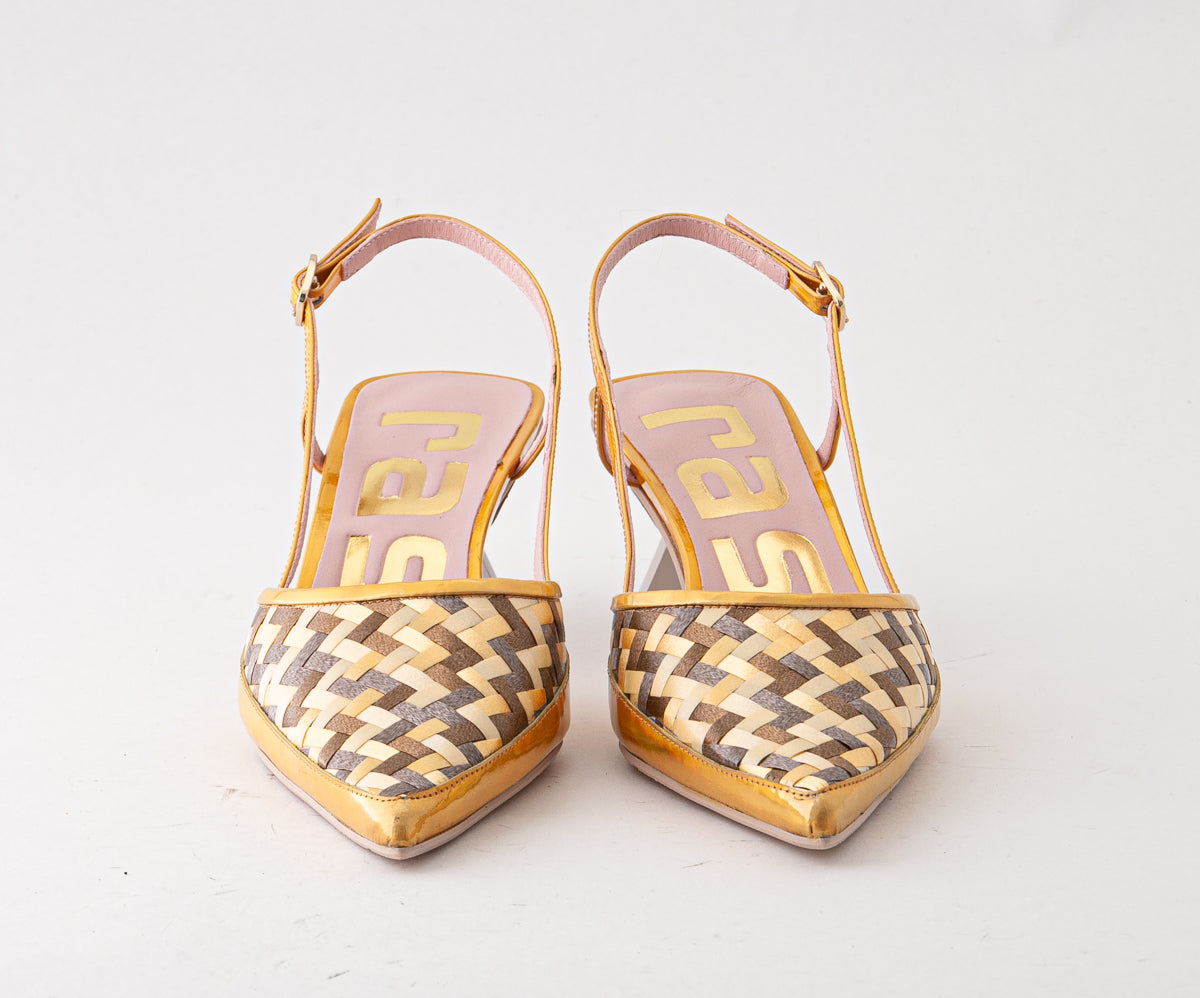 RAS SHOES SAMPLE - TULIP 8037 YELLOW AND TAN RAFIA SLINGBACK