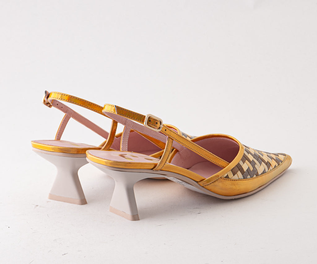 RAS SHOES SAMPLE - TULIP 8037 YELLOW AND TAN RAFIA SLINGBACK