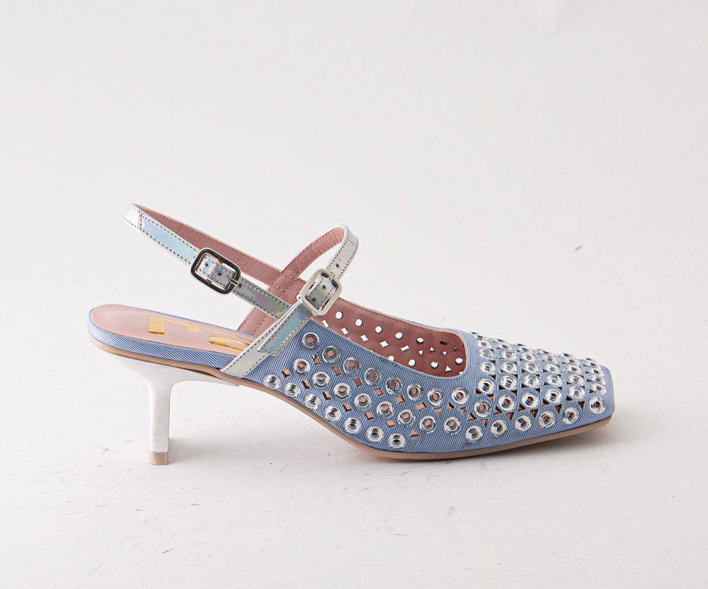 RAS SHOES SAMPLE - PEONY 8164 PALE BLUE TEXTILE HEEL