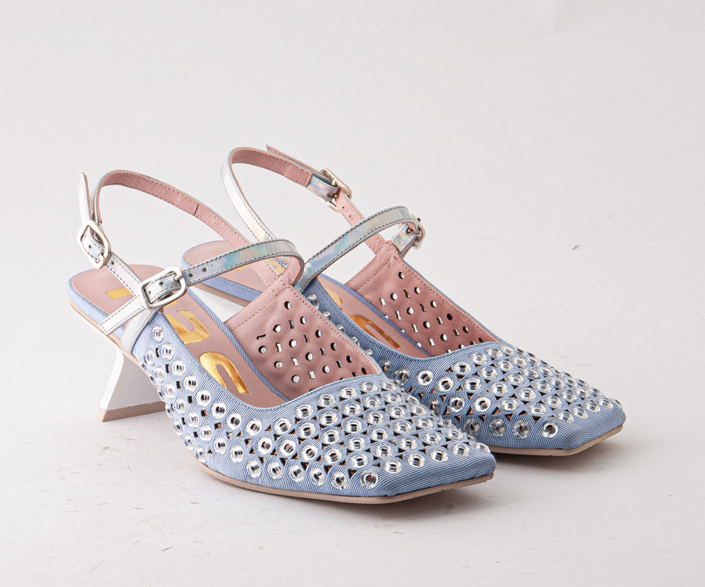 RAS SHOES SAMPLE - PEONY 8164 PALE BLUE TEXTILE HEEL