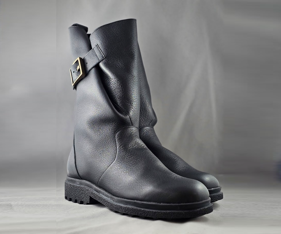 HONURO BLACK LEATHER MID HEIGHT BIKER BOOT