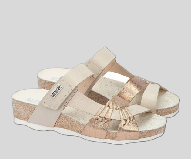 MAHON W9E-0821 CREAM & SILVER LEATHER WEDGE SANDALS