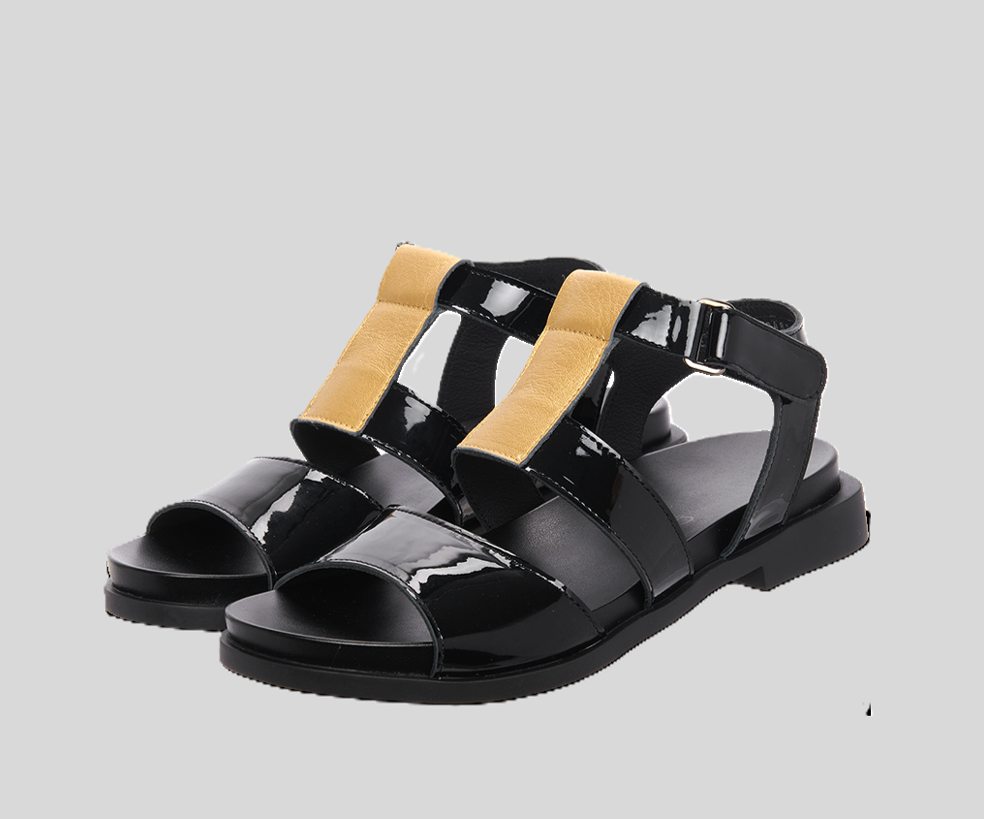 MAKOTA BLACK PATENT & GOLD FLAT SANDALS