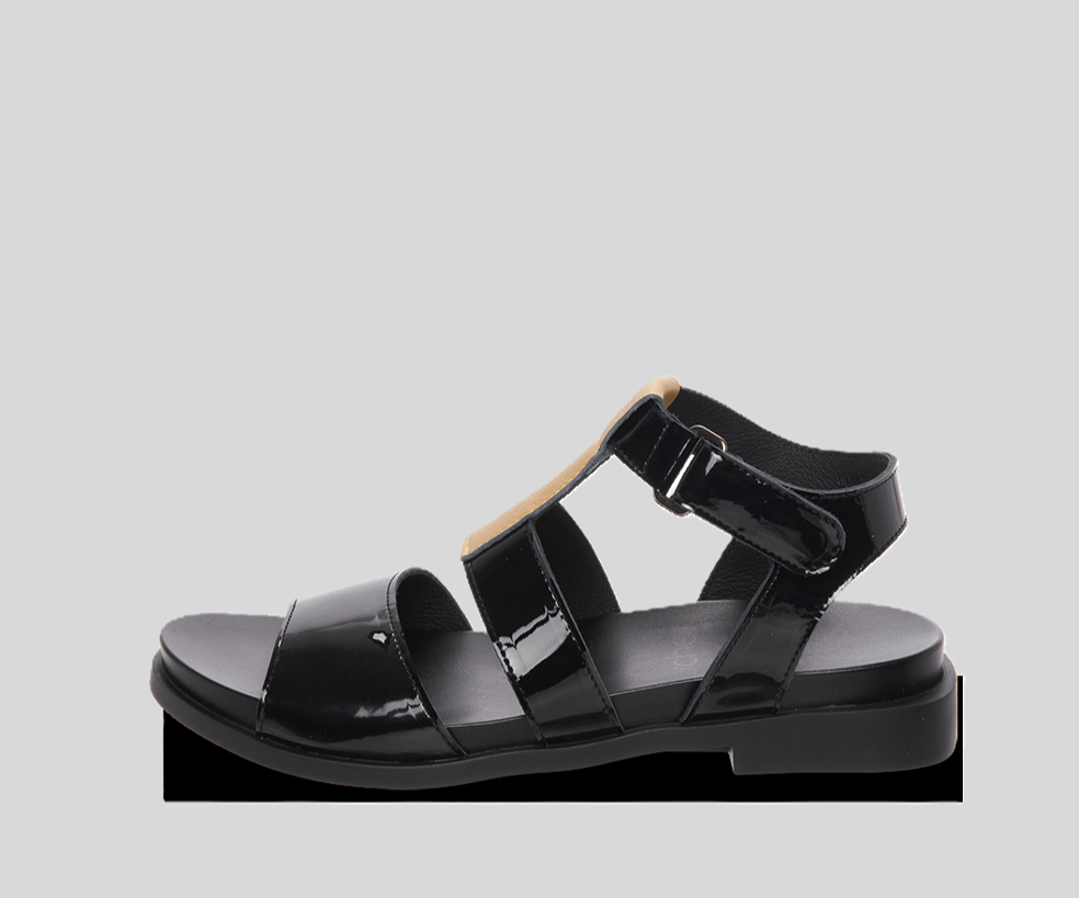 MAKOTA BLACK PATENT & GOLD FLAT SANDALS