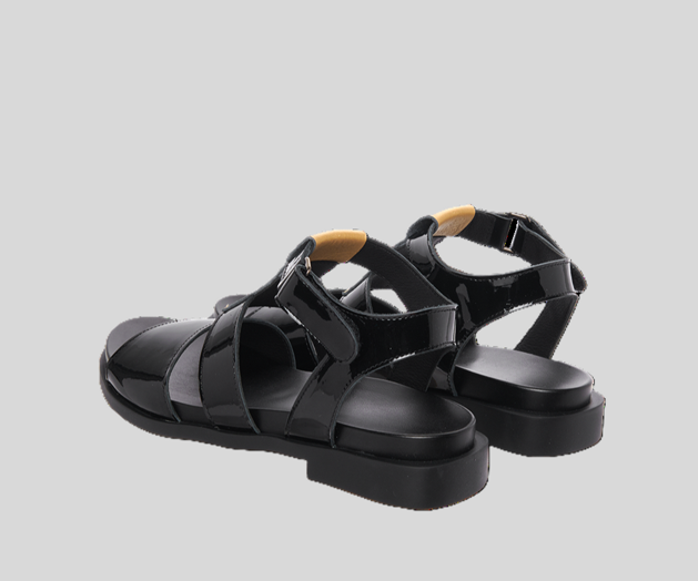MAKOTA BLACK PATENT & GOLD FLAT SANDALS