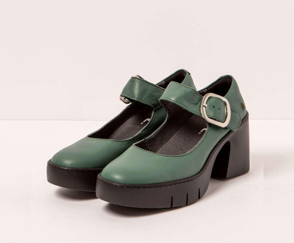 SOFIA 1653 GREEN LEATHER MARY JANE HEEL
