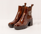 SOFIA 1658 TAN PATENT CROC PRINT LEATHER ANKLE BOOT