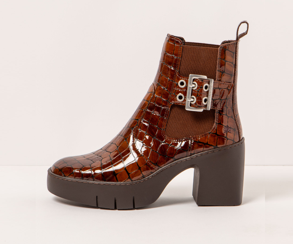 SOFIA 1658 TAN PATENT CROC PRINT LEATHER ANKLE BOOT