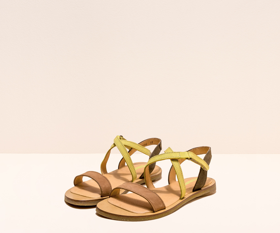 TULIP N5196 KHAKI & LIME LEATHER SANDALS