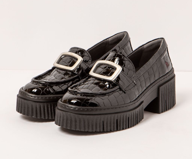 YORK 1372 BLACK PATENT CROC EMBOSSED HEELED LOAFER