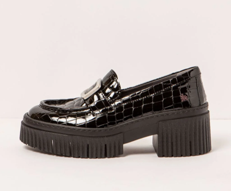 YORK 1372 BLACK PATENT CROC EMBOSSED HEELED LOAFER